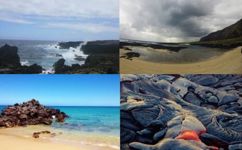 Waves crashing along a cliff, a gentle slope, a sandy beach, and molten lava 